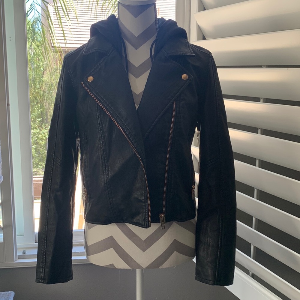 BlankNYC faux leather jacket with removable cotton hoodie.